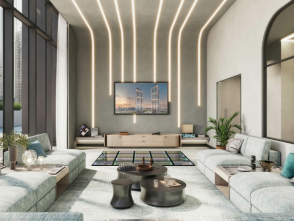 Elegant living room interior in Mercer House apartment with natural light