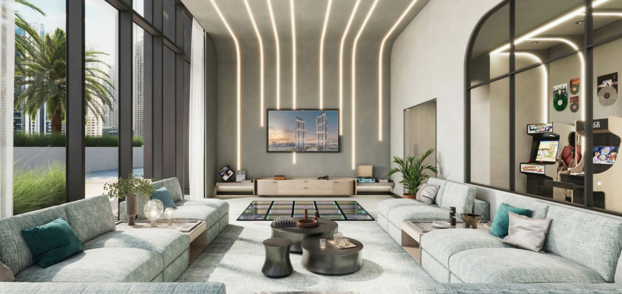 Elegant living room interior in Mercer House apartment with natural light