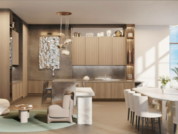 Open-plan kitchen and dining area in luxury Mercer House apartment