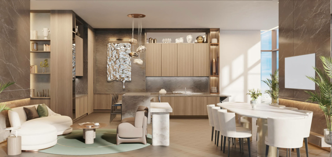 Open-plan kitchen and dining area in luxury Mercer House apartment