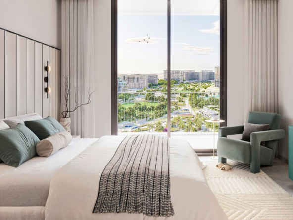 Spacious bedroom with balcony view in Parkland Dubai Hills Estate