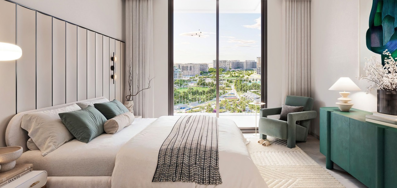 Spacious bedroom with balcony view in Parkland Dubai Hills Estate
