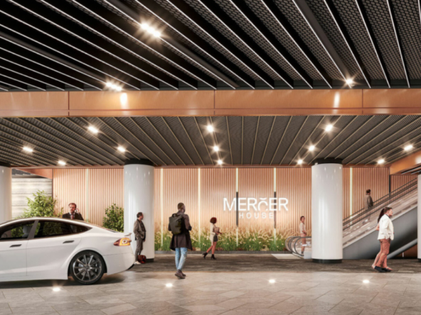 Entrance area of Mercer House featuring luxury finishes and landscaping