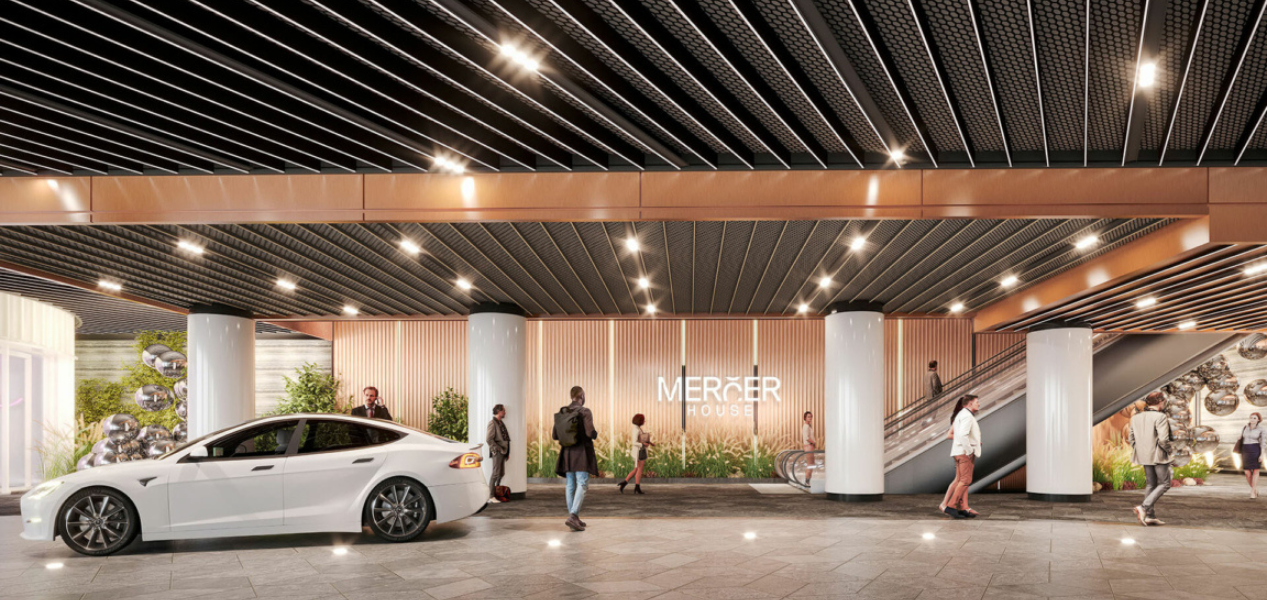 Entrance area of Mercer House featuring luxury finishes and landscaping