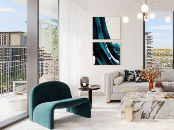 pacious open-plan living room with balcony view in Parkland Dubai Hills Estate