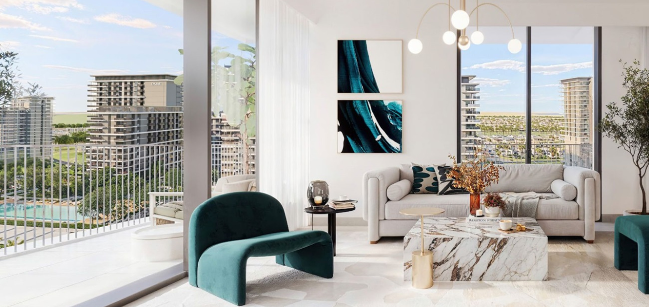 pacious open-plan living room with balcony view in Parkland Dubai Hills Estate