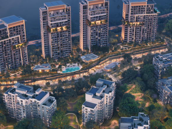 Aerial view of DISTRIKT at Ghaf Woods residential towers in green forest setting
