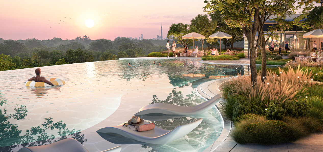 Infinity pool experience at DISTRIKT at Ghaf Woods overlooking lush forest