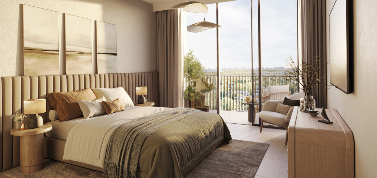 Warm and elegant bedroom design at DISTRIKT at Ghaf Woods with scenic view