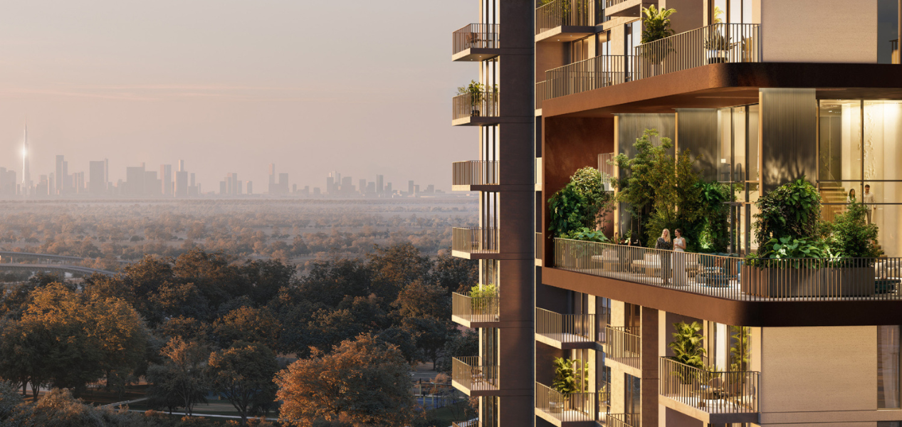 Skyline and park view from balcony at DISTRIKT at Ghaf Woods in Dubai
