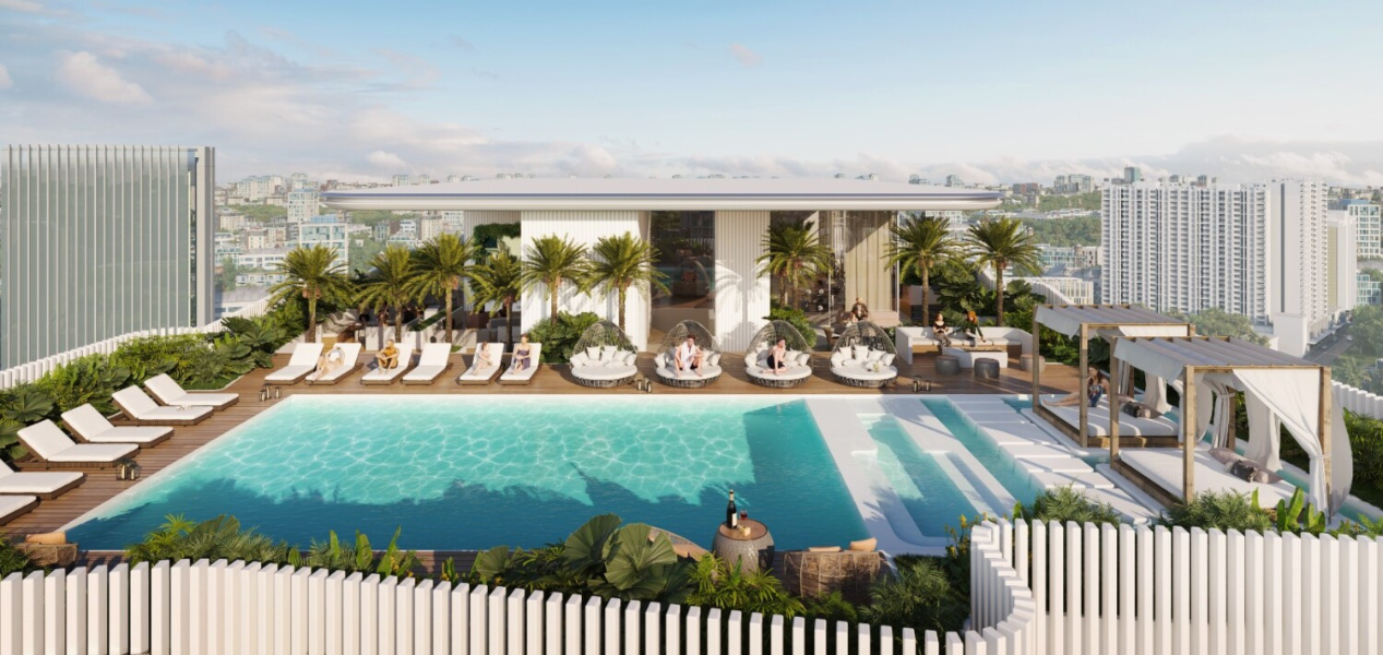 Rooftop pool and lounge area at Cove Edition 3 smart apartments in Dubailand