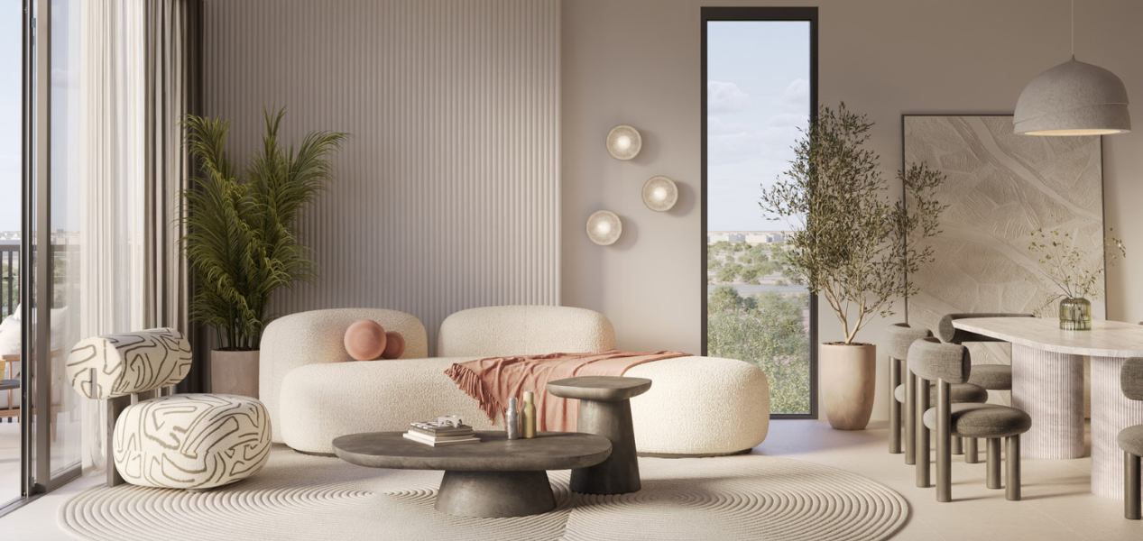Modern interior living space at DISTRIKT at Ghaf Woods with cozy furnishings