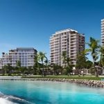 Aerial view of Bay Grove Residences 3 by Nakheel at Dubai Islands with beachfront and skyline