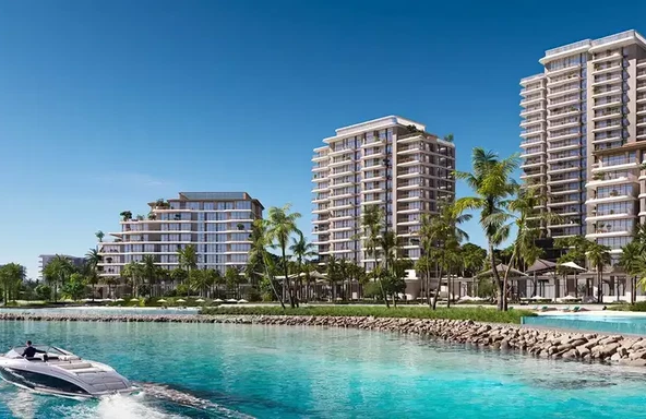 Aerial view of Bay Grove Residences 3 by Nakheel at Dubai Islands with beachfront and skyline