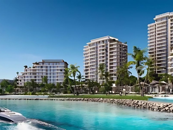 Aerial view of Bay Grove Residences 3 by Nakheel at Dubai Islands with beachfront and skyline