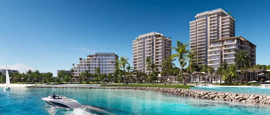 Aerial view of Bay Grove Residences 3 by Nakheel at Dubai Islands with beachfront and skyline