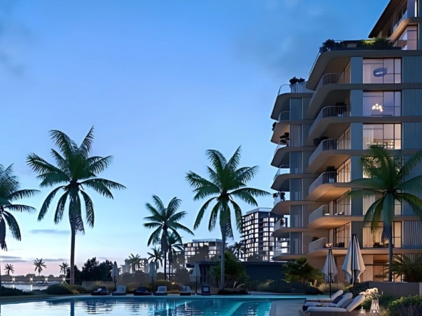 Modern mid-rise towers of Bay Grove Residences by Nakheel located by the sea on Dubai Islands