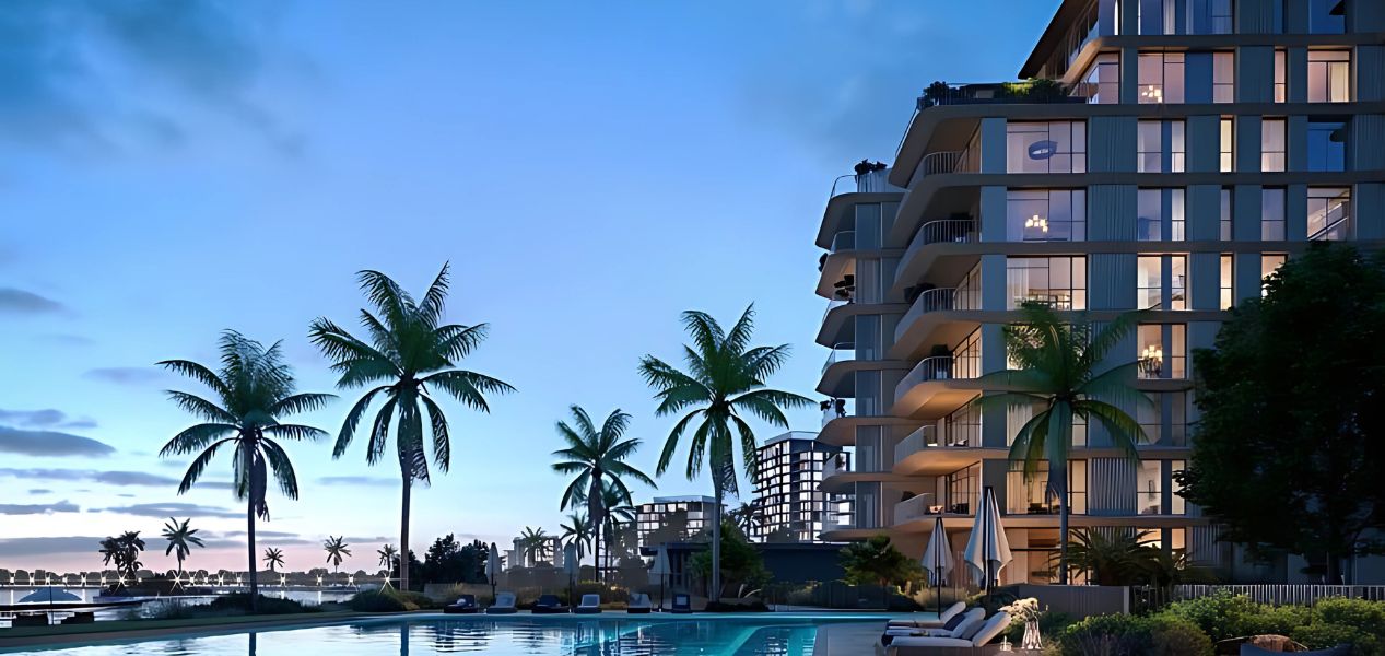 Modern mid-rise towers of Bay Grove Residences by Nakheel located by the sea on Dubai Islands