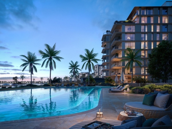 Bay Grove Residences beachfront garden with palm trees and podium view in Dubai Islands