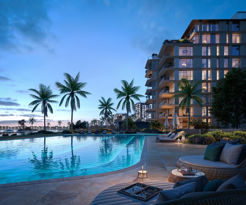 Bay Grove Residences beachfront garden with palm trees and podium view in Dubai Islands