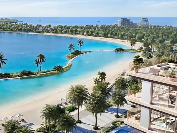 Infinity pool at Bay Grove Residences overlooking Dubai skyline during sunset