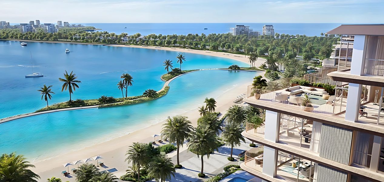 Infinity pool at Bay Grove Residences overlooking Dubai skyline during sunset