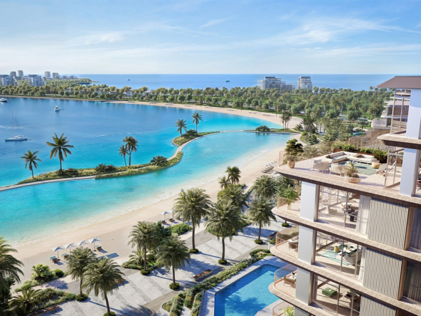 Infinity pool at Bay Grove Residences overlooking Dubai skyline during sunset