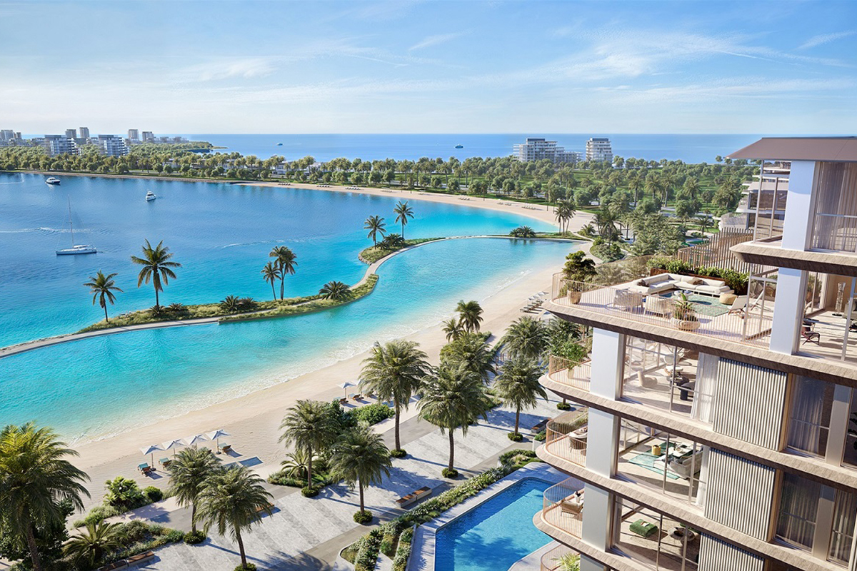 Infinity pool at Bay Grove Residences overlooking Dubai skyline during sunset