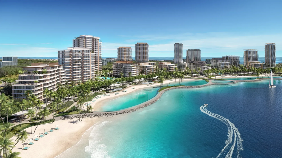Modern mid-rise towers of Bay Grove Residences by Nakheel located by the sea on Dubai Islands