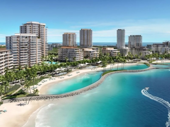 Bay Grove Residences beachfront garden with palm trees and podium view in Dubai Islands