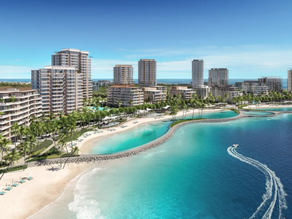 Modern mid-rise towers of Bay Grove Residences by Nakheel located by the sea on Dubai Islands