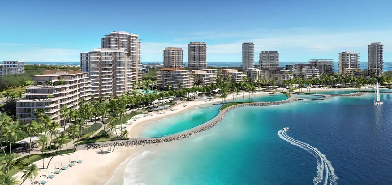 Bay Grove Residences beachfront garden with palm trees and podium view in Dubai Islands