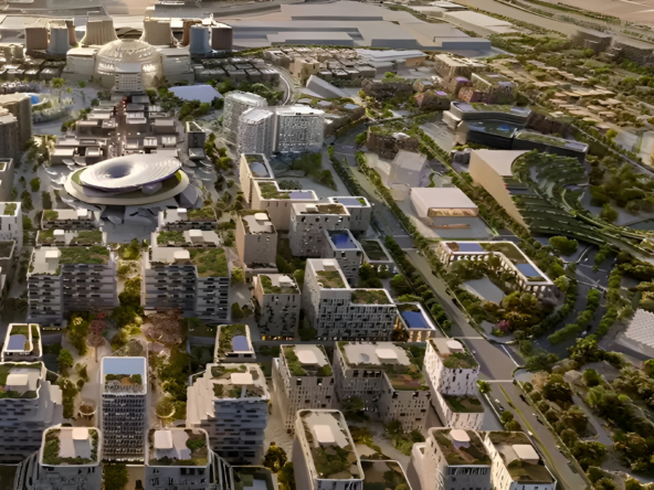 Green garden and shaded walkway in Al Waha Residences by Expo City Dubai