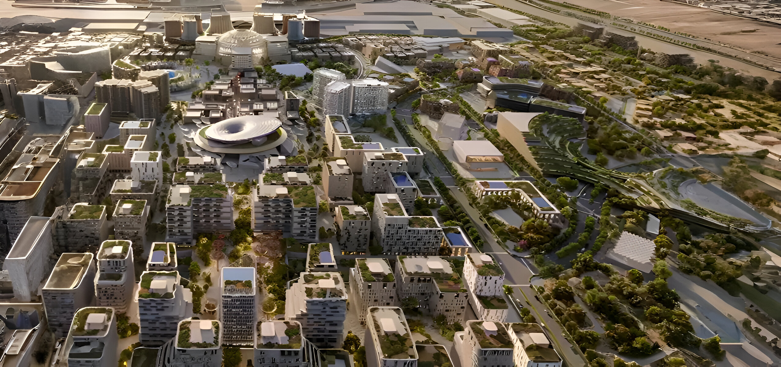 Green garden and shaded walkway in Al Waha Residences by Expo City Dubai