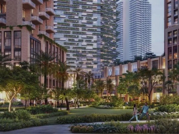 Azizi Milan apartments with green courtyard and waterfront promenade in City of Arabia