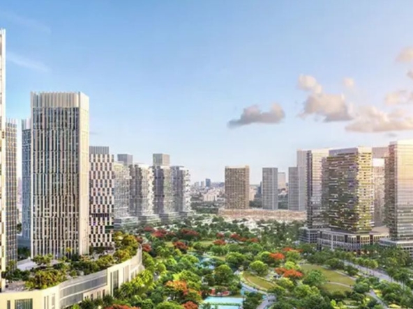 Azizi Milan residential tower in City of Arabia, Dubai with landscaped gardens and Italian-inspired design