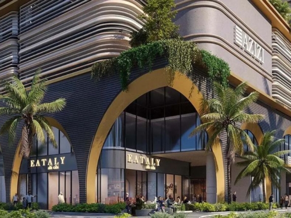 Ground-level retail and Italian-style arches at Azizi Milan apartments in Dubai