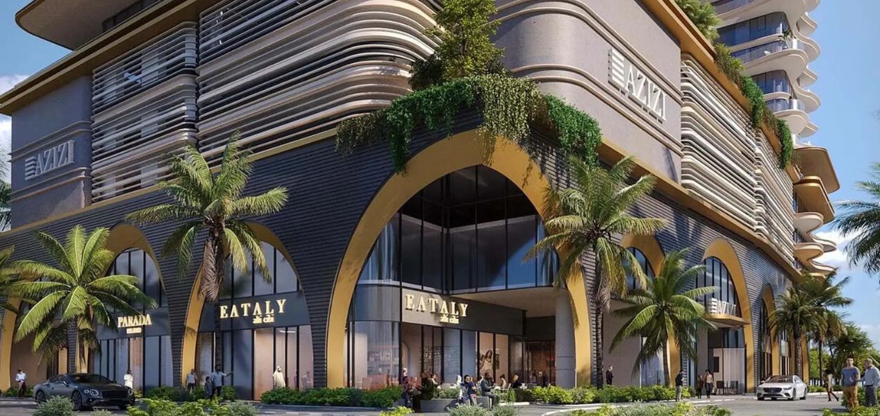 Ground-level retail and Italian-style arches at Azizi Milan apartments in Dubai