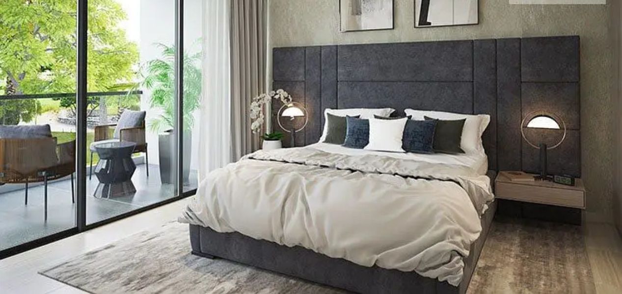Elegant bedroom at Camelia Villas Damac Hills with balcony view