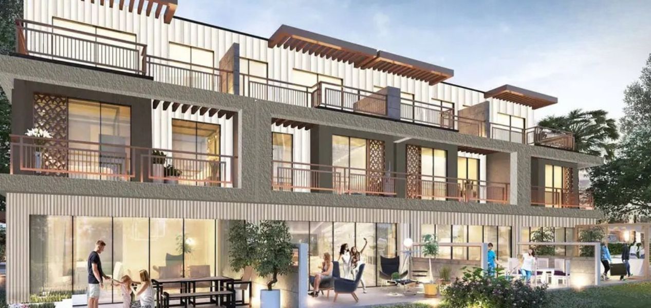 Camelia Villas Damac Hills illuminated villas in the evening