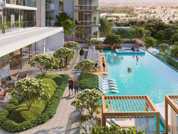 Infinity pool and greenery at Ellington House Dubai Hills