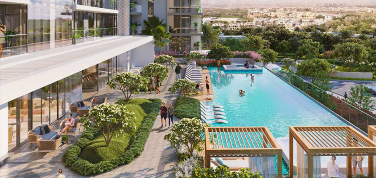 Infinity pool and greenery at Ellington House Dubai Hills