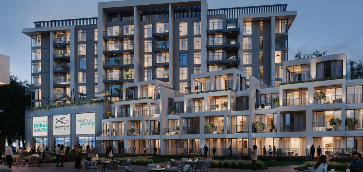 Modern building exterior of Beachfront Gates at Expo City Dubai