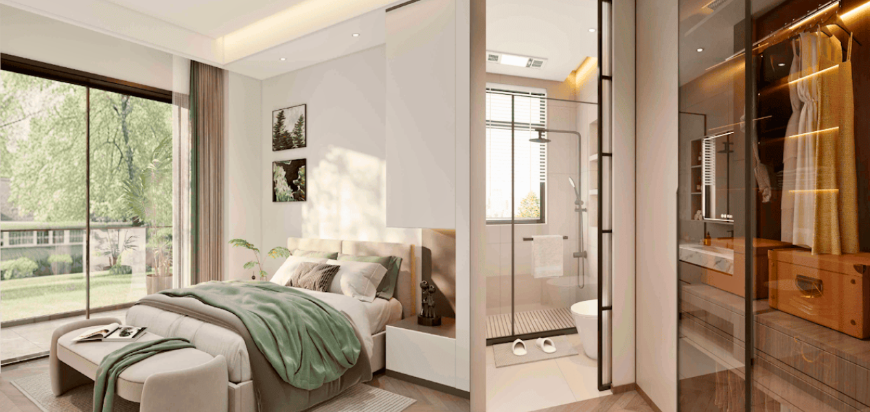 Master bedroom with garden view in Forest City Tower Majan