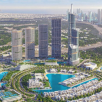 Arial view of Skyscape Aura Sobha Hartland masterplan showcasing luxury lake villas and high-rise towers.