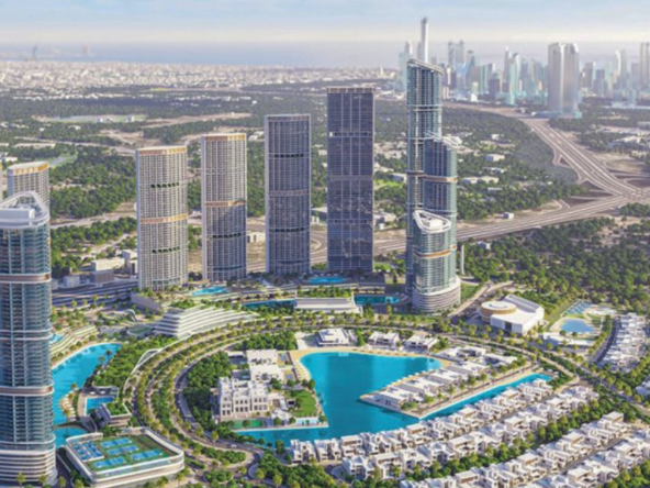 Arial view of Skyscape Aura Sobha Hartland masterplan showcasing luxury lake villas and high-rise towers.