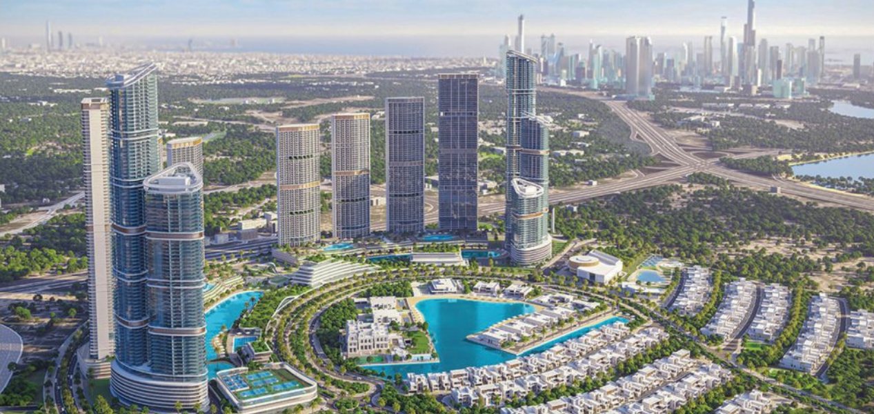 Arial view of Skyscape Aura Sobha Hartland masterplan showcasing luxury lake villas and high-rise towers.
