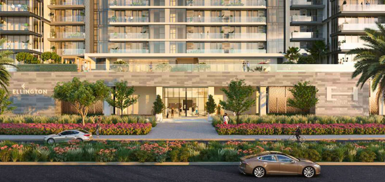 Front view of Ellington House Dubai Hills with landscaped entrance