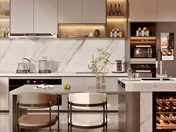 Open-plan kitchen in Forest City Tower Majan apartment