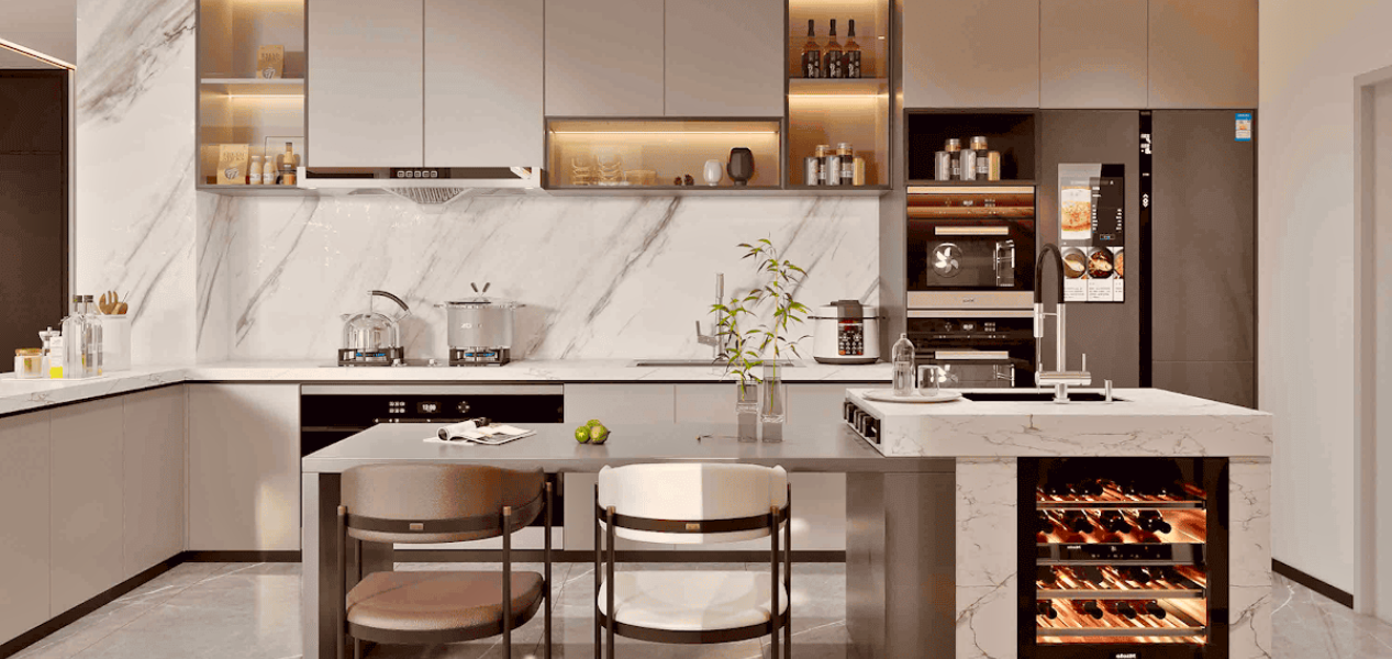 Open-plan kitchen in Forest City Tower Majan apartment